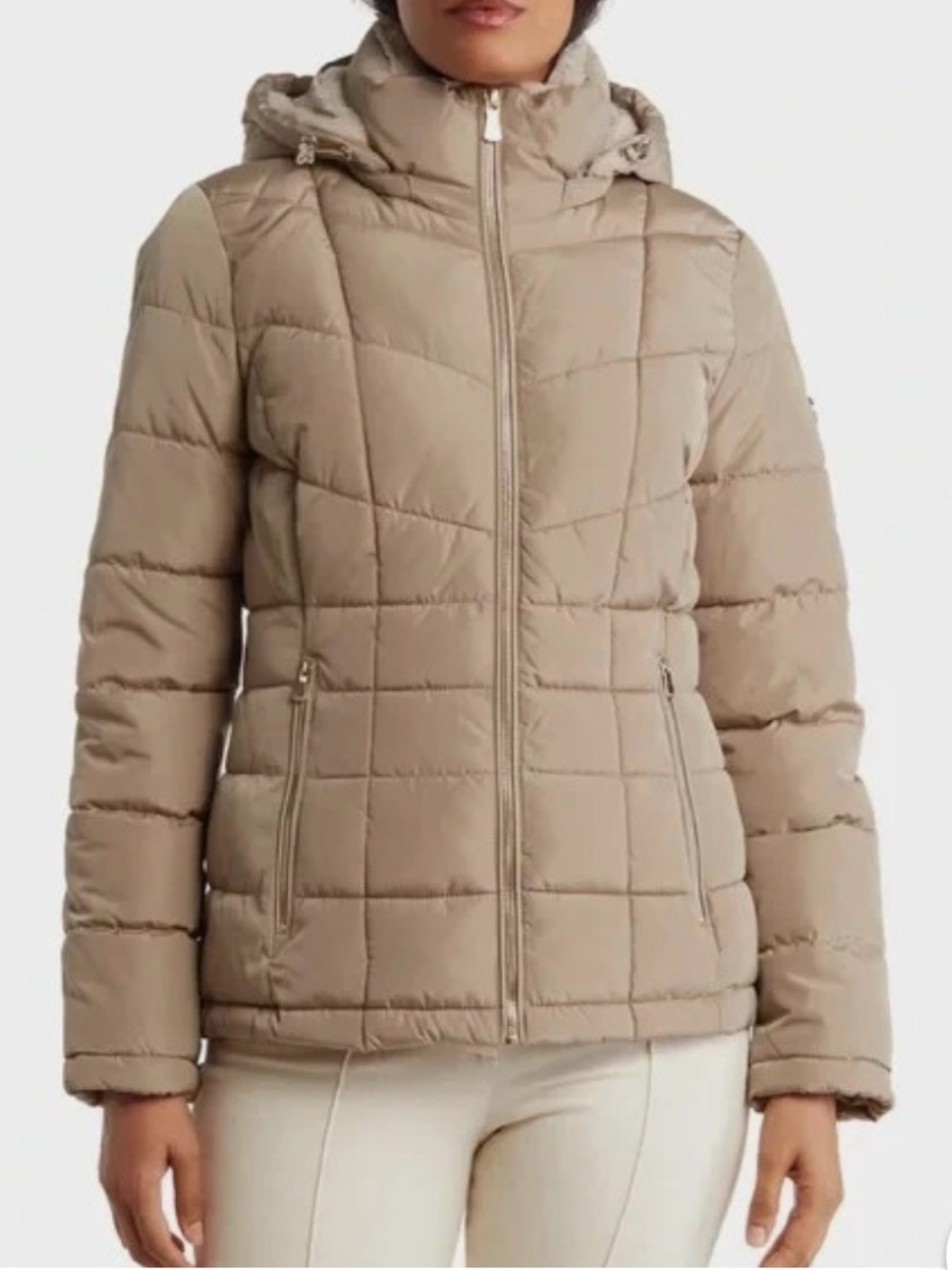 Calvin Klein Hooded Puffer Jacket Tan Large NWT